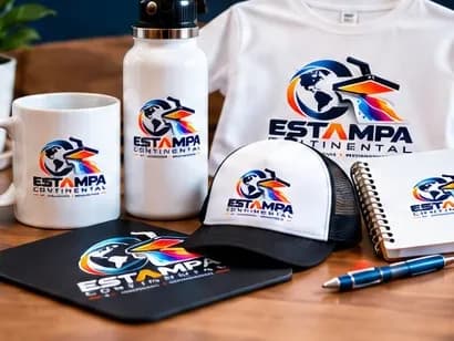 Ejemplo de merchandising con logo: taza, termo, camiseta, gorra, libreta y mousepad