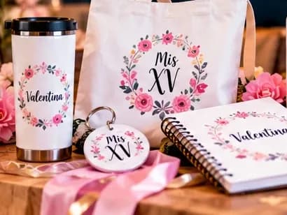Ejemplo de kit personalizado para quince años: termo, bolsa, libreta y llavero con diseño floral