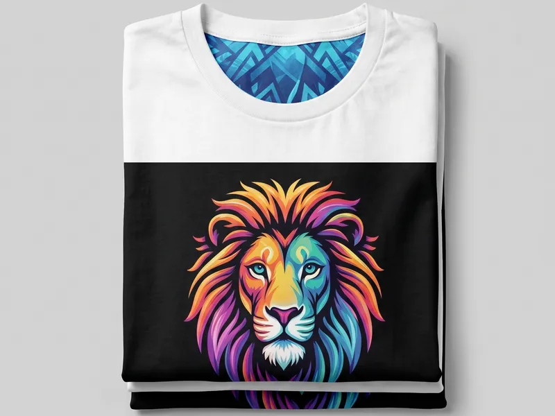 Camisetas dobladas con un león multicolor estampado